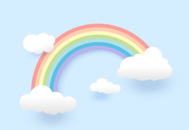 Pastel Mavi Gökyüzü Minimal Gökkuşağı ve Bulut Çizimi, vektör tasarımı.