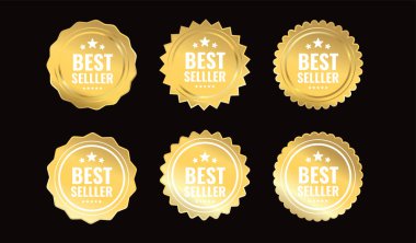 Arka planda en çok satılan altın etiket rozeti. Kalite sertifika mührü. Vektör illüstrasyonu