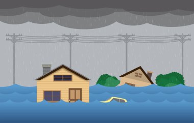 Şehir seli, yağmur fırtınası, vektör tasarımı