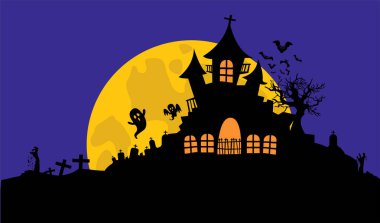 Mutlu Cadılar Bayramı, Hayaletler ve Yarasalarla Hayaletli Hayaletli Konak Silueti