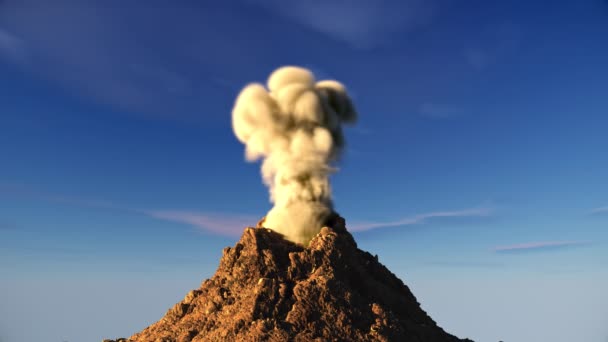3D視覚効果レンダリングアニメーションと背景に大きな山と空から煙爆発アニメーション — ストック動画