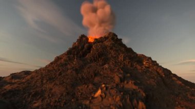 Volkan lav magma patlaması büyük dağın tepesinde ve arka planda gökyüzü 3D canlandırma klibiyle.