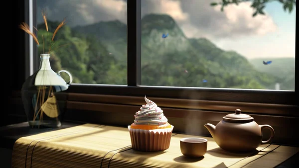 3D rendering breakfast tea time relax with cake and tea on table inside the room.Outside is mountain view and water fall in background.Butterfly are flying outside.