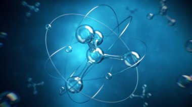 3D animation and rendering atom moving around molecule on blue background.Science digital simulation conceptual.