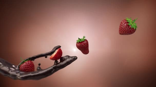 Animation Fluid Chocolate Liquid Splash Strawberry Brown Background Rendering Food — Wideo stockowe