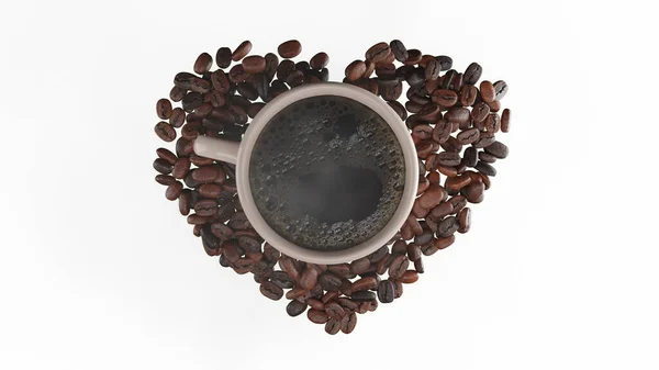 Hot coffee in the cup have smoke floating on heart shape coffee seed include alpha clipping path.Coffee love 3D rendering background conceptual 8K resolution.