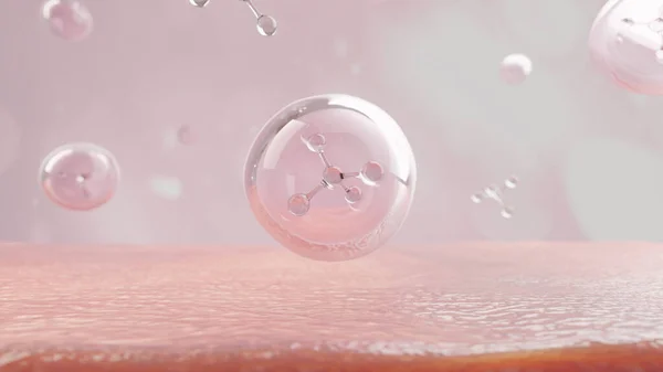 Molécula Dentro Burbuja Flotando Piel Rosada Fondo Elemento Para Cosméticos — Foto de Stock