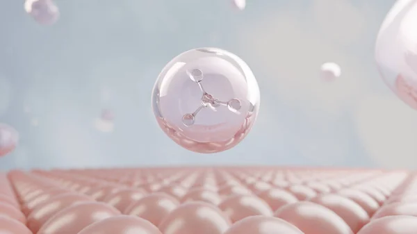 Malli Tekee Atomi Molekyyli Kupla Kelluva Ihon Yläpuolella Vaaleanpunainen Pallo — kuvapankkivalokuva