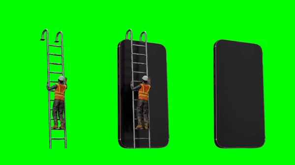 Rendering Engineer Staat Ladder Grote Mobiele Telefoon Controleren Repareren — Stockfoto