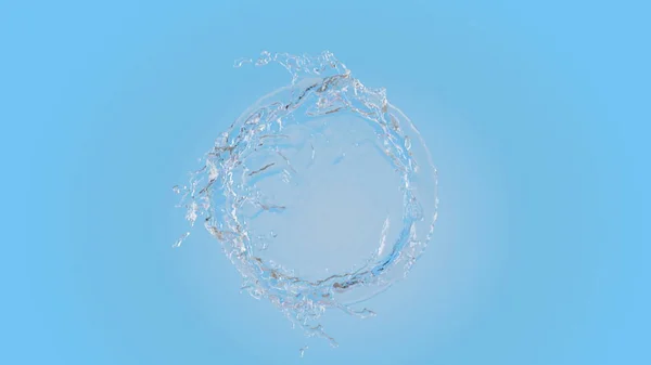 3d rendering realistic pure water swirl and splash around center frame on blue background with top view.