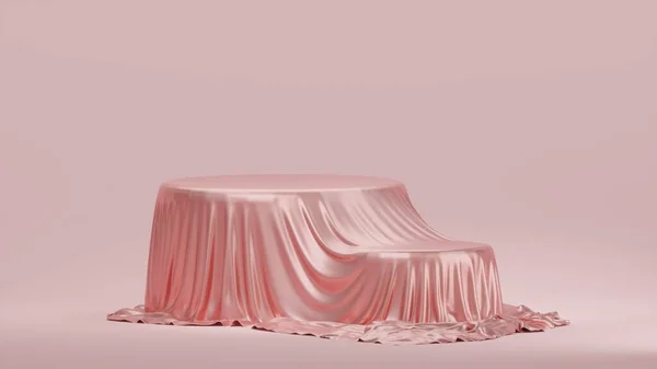 Weergave Realistische Roze Stof Het Podium Staan Met Roze Achtergrond — Stockfoto
