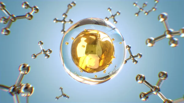 Sfera Vitamina Oro Nella Bolla Con Atomo Galleggiante Intorno Sfondo — Foto Stock