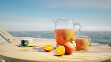 3D animasyon portakal suyundan deniz manzarasına doğal arkaplan görüntüsü.