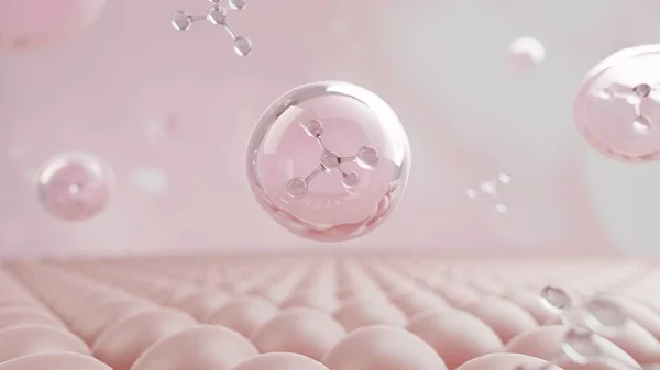 Renderização Molécula Vidro Dentro Bolha Gota Acima Rosa Esfera Skin — Fotografia de Stock