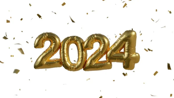 Візуалізація 2024 Золота Розкішна Куля Гелієвого Газу Конфетті Навколо Нього Ліцензійні Стокові Фото
