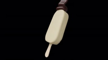 3D animasyon vanilyalı dondurmanın üstüne alfa mat çikolata döküyor..