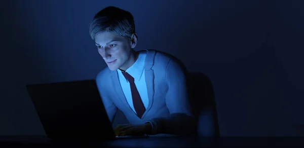 Representación Hombre Que Trabaja Con Ordenador Portátil Night Dark Luz — Foto de Stock