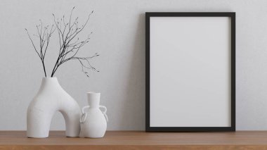 Modern minimalist iç mekanda, beyaz duvar arkaplanındaki modaya uygun vazoda kuru dallı bitki, resim, fotoğraf ya da poster şablonu içeren 3D dikey çerçeve modellemesi.