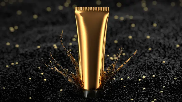 stock image 3D rendering golden tube package mockup stands on the black pearl sea with gold bokeh float in element. Luxury premium for beauty and cosmetic brands.