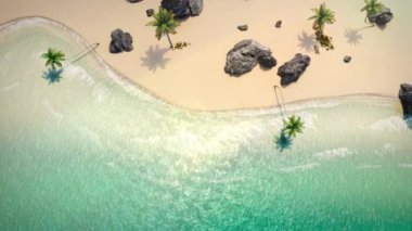 3D görüntüleme deniz sahili animasyon dalgası ve element, kaya, hindistan cevizi ağacı, otlar, yukarıdan bakıldığında veya kuş bakışı.