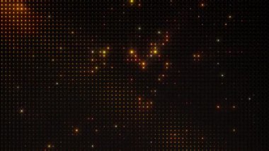 3D görüntüleme, siyah duvarın arkasında bir sürü küçük delikle rastgele hareketlerle altın ışık saçar..