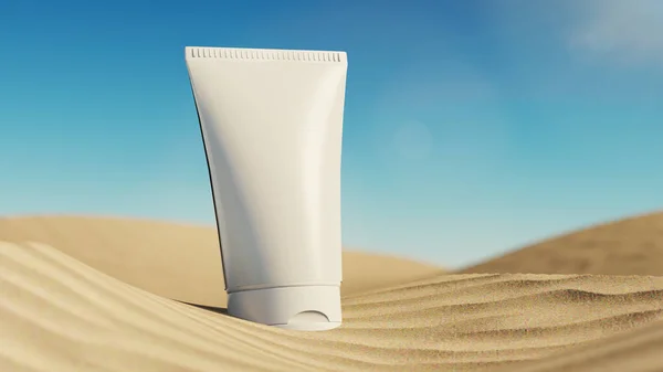 3D rendering mockup tube cream no logo for sun protection on the sand in the desert location with sun ray.