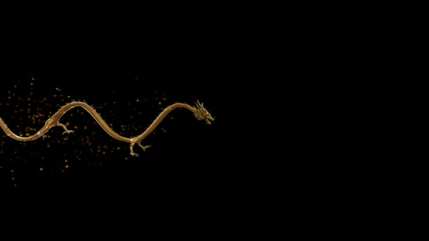 Animación Dragón Chino Dorado Deslizándose Aire Vista Lateral Con Partículas — Vídeos de Stock