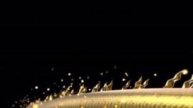 3D animasyon Altın Çin ejderhası kameranın yanından geçip ortaya geçiyor ve sonunda alfa matte de dahil olmak üzere altın parçacıklarıyla poz veriyor..