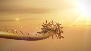 Çin ejderhasının güneş ve arka planda parlayan ışıkla gökyüzünde hareket edişinin 3 boyutlu animasyonu.