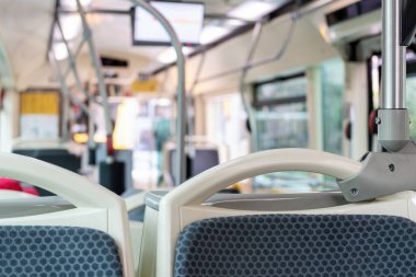 Barcelona, Spain-January 11 2023. Public transport bus. Seat and bar to hold on to during the journey. Public transport is a substitute for the private car. Sustainable transport