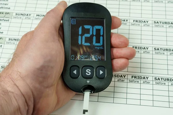 Hand holding a glucometer to determine the level of sugar in the blood. Concept of high blood glucose level. Table for recording blood sugar levels