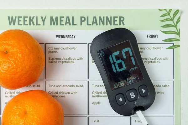 Diabetes treatment kit with digital blood glucose meter, lancing device. Weekly healthy diet plan. Control of excess blood sugar. Top view. Copy space