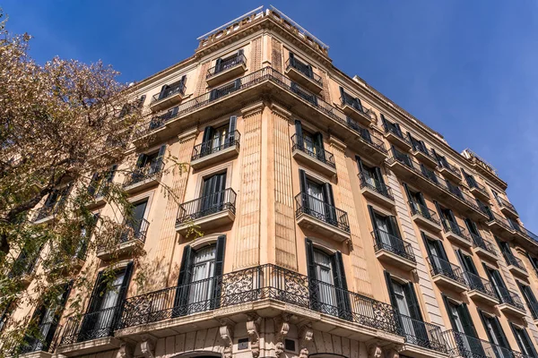 複雑なアールヌーボー建築と窓で飾られた壮大なバルセロナのタワーブロック 住宅街の曇り空を背景にしている — ストック写真