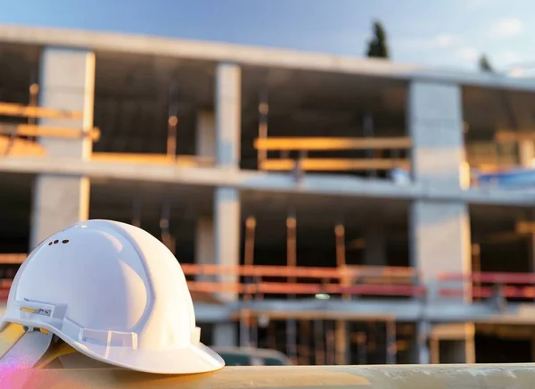 Close-up of safety helmet for apartment construction. Safety at work