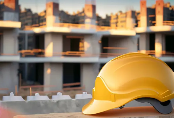 Close-up of safety helmet for apartment construction. Safety at work