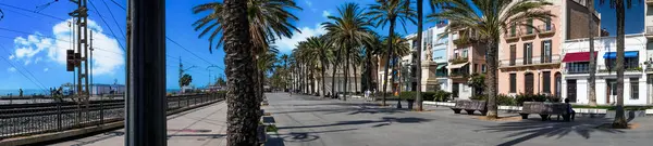 Badalona Barcelona Września 2023 Panoramiczny Widok Badalona Hiszpania Nadmorska Promenada — Zdjęcie stockowe