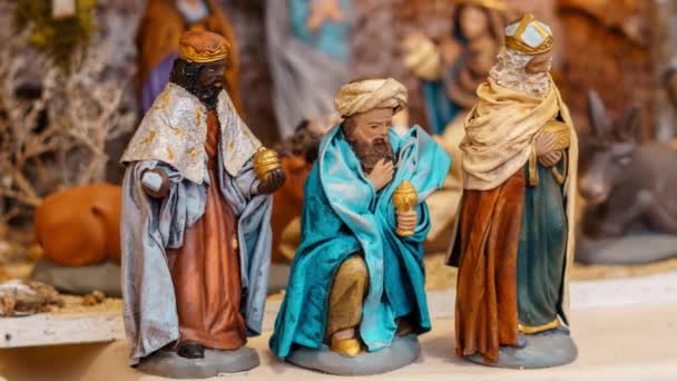Nativity Scéna Trhu Městě Jeruzalém Izrael Clay Postavy Představující Tři — Stock video