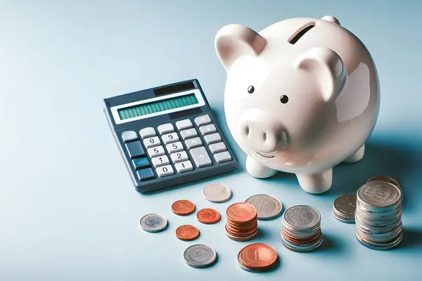 Personal Finance Management: Piggy Bank, Coins, and Calculator on a Blue Background