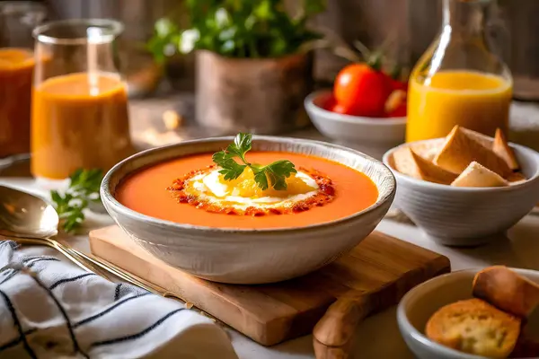 Traditionelle Spanische Salmorejo Suppe Gekühlte Tomaten Und Brotsuppe Mit Beilagen lizenzfreie Stockfotos