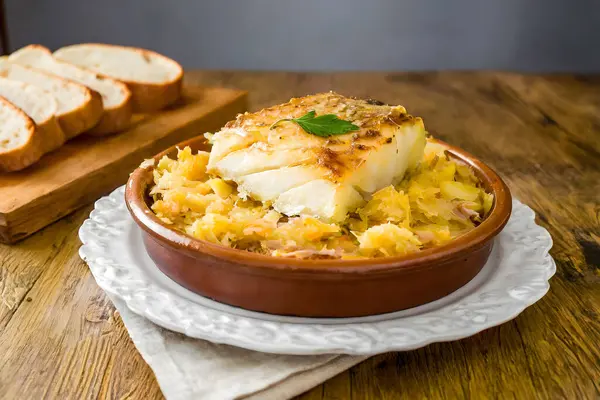 Bacalhau Brs Traditionelles Portugiesisches Gericht Mit Kabeljau Kartoffeln Und Eiern lizenzfreie Stockfotos