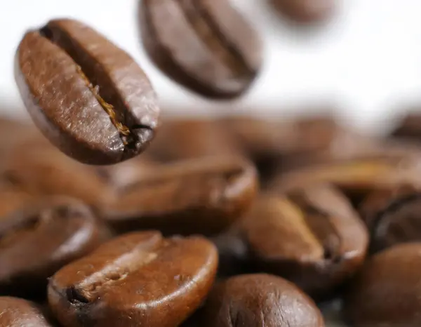 Close-up of coffee beans falling into a pile of coffee beans on a white background with varying shapes and sizes, and intense brown colour, falling in slow motion and forming a small heap