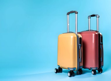 Two vibrant, colorful suitcases set against a bright blue background, evoking the excitement and aesthetics of modern travel. clipart