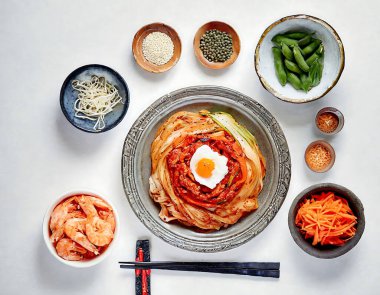 Kimchi adı verilen geleneksel Kore yemeği, otantik bir kasede sunulan sıcak baharatlı mayalanmış sebzelerden yapılır.