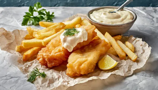 A plate of fish and fries with a side of dipping sauce. The image conveys a casual and relaxed atmosphere, as the food is laid out on a paper plate and a spoon is present for dipping