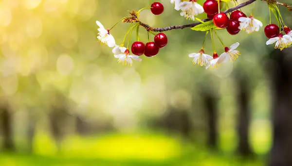 Stock image Ripe Cherries Amidst Blossoming Branches in Sunlit Orchard