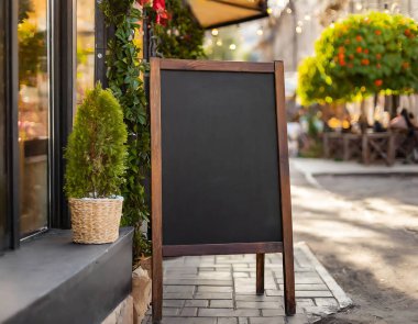 Cafe ya da Pub 'ın yanındaki sokakta boş bir levha. İş Merkezi, Alışveriş Merkezi, Merkez. Boşluğu kopyala, reklam için boş alan