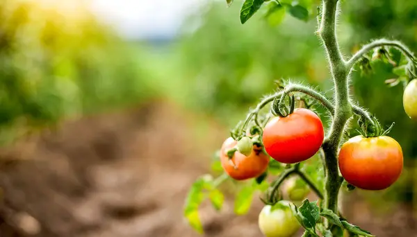 stock image Ripe and Unripe Tomatoes on Vine in Sunlit Agricultural Field. A vibrant display of tomato cultivation capturing the essence of sustainable farming practices in a sunlit field