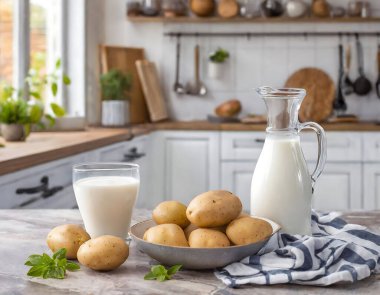 Patates sütü, cam bir şişe ve bir bardakta servis edilir, yanında patatesle ahşap bir masaya yerleştirilir. Geleneksel süte karşı besleyici ve doğal bir alternatifi temsil ediyor. Laktoz intoleransı olanlar için mükemmel..