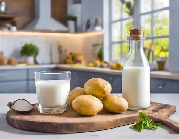 stock image Potato milk, served in a glass bottle and a glass, placed on a wooden table with potatoes on the side. It represents a nutritious and natural alternative to traditional milk, perfect for those with lactose intolerance.