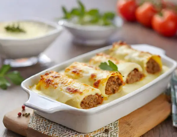 stock image A delicious Italian beef cannelloni dish, baked to perfection with melted cheese topping, presented in a ceramic dish on a rustic table.